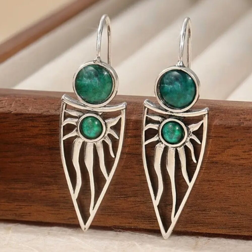 Silver plated Boho Earrings with Green Blue accents - NEW